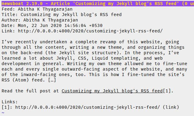 Screenshot of an RSS feed entry in my terminal, using the program Newsboat. The body of the entry shows a single paragraph of text from a blog post truncated by an ellipsis, followed by a line directing the reader to read the entire post.
