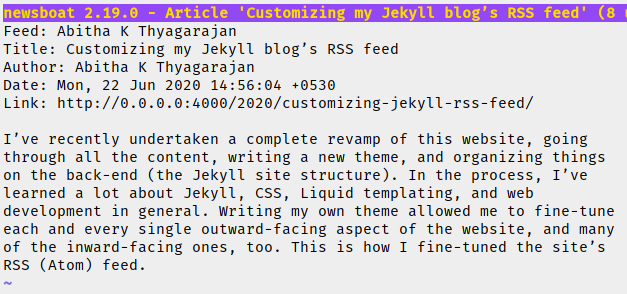 Screenshot of an RSS feed entry in my terminal, using the program Newsboat. The body of the entry shows a single paragraph of text from a blog post.