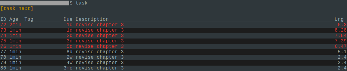 output of `task next` after running the script, showing the task due at various intervals